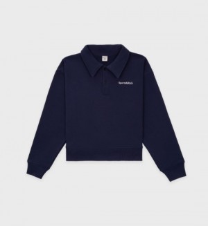 Women's Sporty And Rich Serif Logo Embroidered Polo Sweatshirts Navy | PovTAUmq3bQ