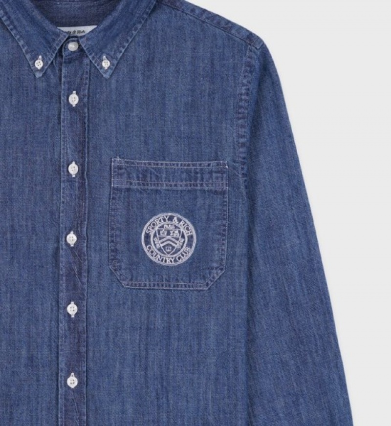 Women's Sporty And Rich Paris Country Club Denim Shirts Blue | 8IyJeuoB2Z4