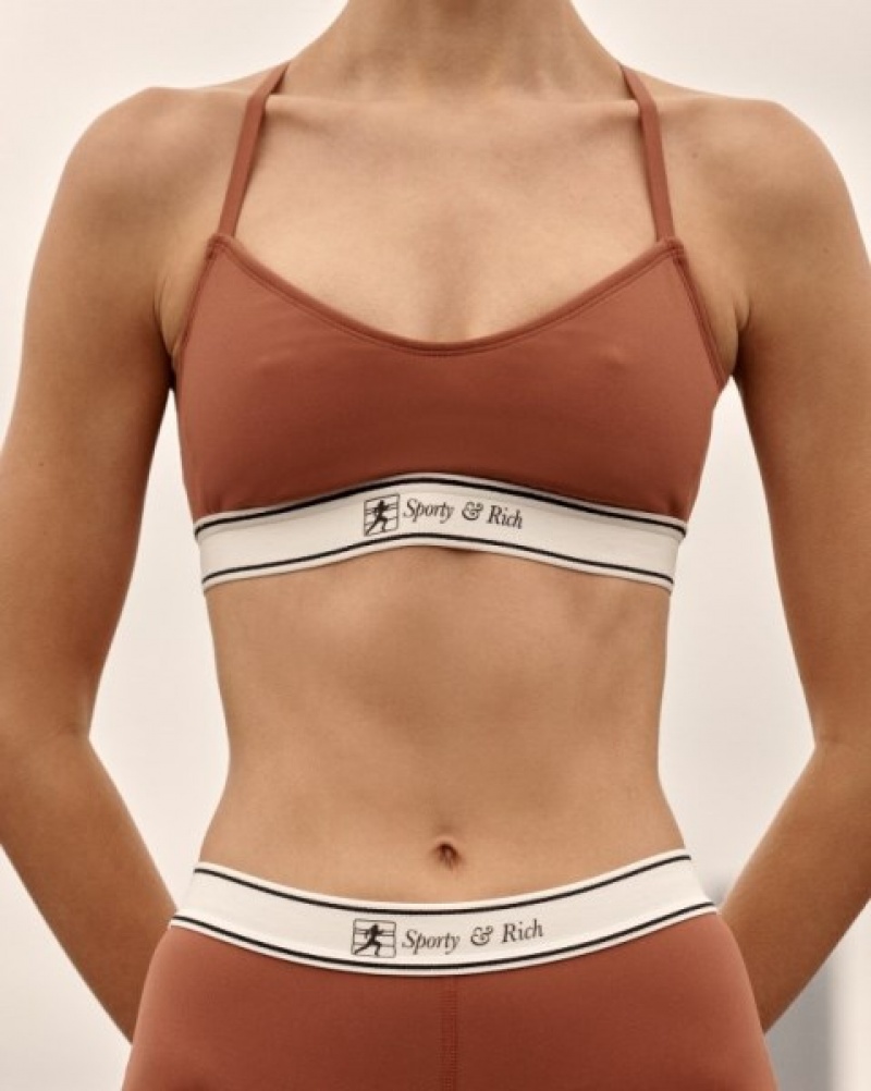 Women's Sporty And Rich Runner Script Sports Bralettes Burgundy | 3FSlGwhqxIY