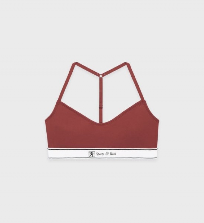 Women\'s Sporty And Rich Runner Script Sports Bralettes Burgundy | 3FSlGwhqxIY