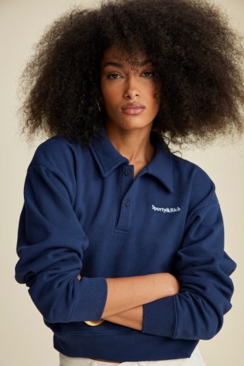 Women's Sporty And Rich Serif Logo Embroidered Polo Sweatshirts Navy | PovTAUmq3bQ