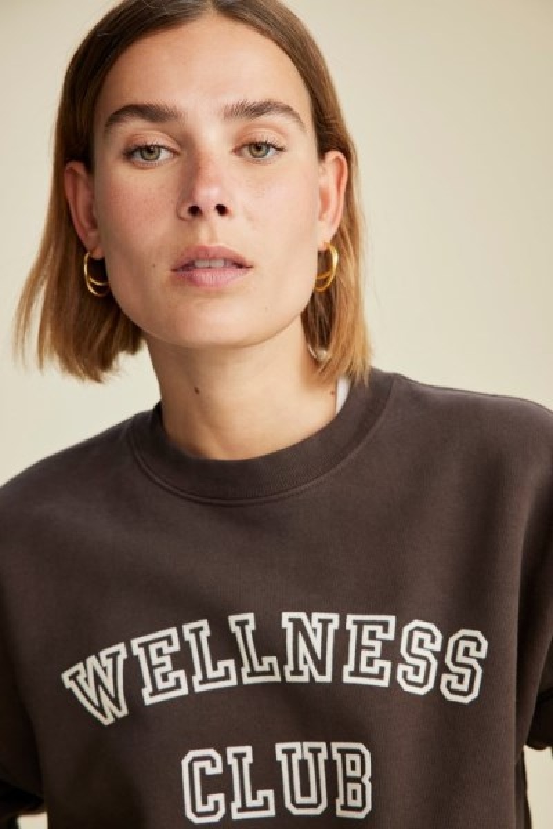 Women's Sporty And Rich Wellness Club Flocked Crewneck Sweatshirts Chocolate | tW7sMqqRWTV